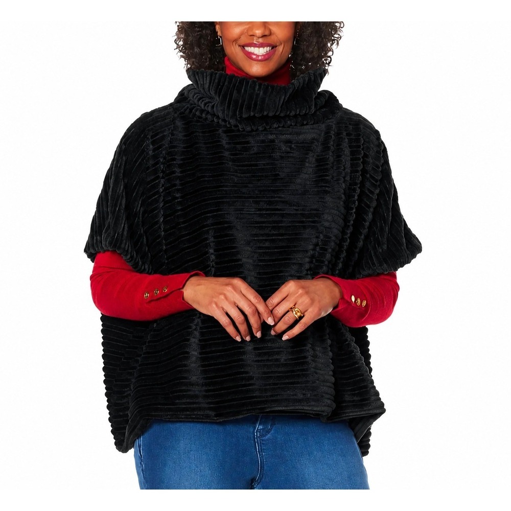 IMAN Global Chic Textured Faux Fur Cowl-Neck Poncho Cape Black Women's XL NEW